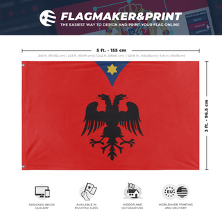 A mockup depicting custom flag specifications and measurements for 'Example Heraldic Flag'