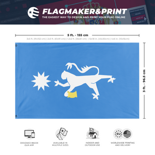 A mockup depicting custom flag specifications and measurements for 'Imperial Kesandrian Banner of Akonos flag'