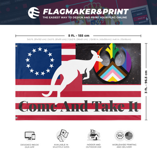 A mockup depicting custom flag specifications and measurements for 'test flag'