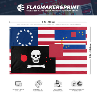 A mockup depicting custom flag specifications and measurements for 'test flag'