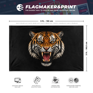 A mockup depicting custom flag specifications and measurements for 'Tiger Flag'