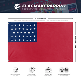 A mockup depicting custom flag specifications and measurements for '34-Star WCA flag'