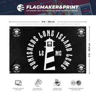 A mockup depicting custom flag specifications and measurements for 'Long Island Chapter flag'