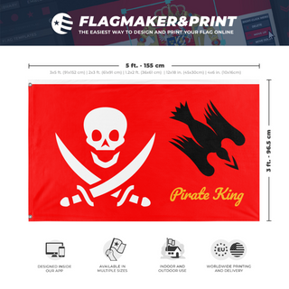 A mockup depicting custom flag specifications and measurements for 'pirate king flag'