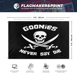 A mockup depicting custom flag specifications and measurements for 'Goonies flag'
