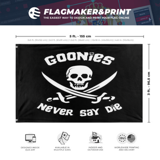 A mockup depicting custom flag specifications and measurements for 'Goonies Final flag'