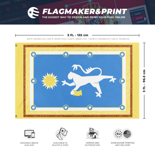 A mockup depicting custom flag specifications and measurements for 'Ceremonial Kesandrian Banner of Akonos flag'