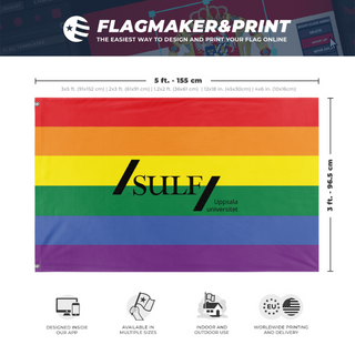 A mockup depicting custom flag specifications and measurements for 'sulf_pride flag'