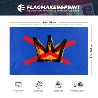 A mockup depicting custom flag specifications and measurements for 'NO KINGS'