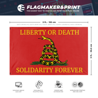 A mockup depicting custom flag specifications and measurements for 'Left Libertarian Gadsden flag'