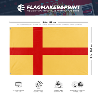 A mockup depicting custom flag specifications and measurements for 'Kalmar Union flag'