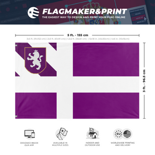 A mockup depicting custom flag specifications and measurements for 'Empire of Shroomia flag'