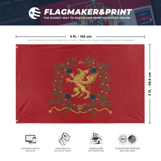 A mockup depicting custom flag specifications and measurements for 'Ostergotlands regemente flag'