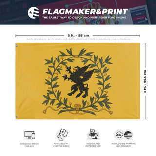 A mockup depicting custom flag specifications and measurements for 'Sormland Regemente Kompanifana flag'