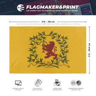 A mockup depicting custom flag specifications and measurements for 'Kronobergs regemente flag'