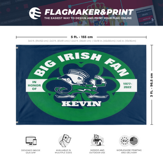 A mockup depicting custom flag specifications and measurements for 'Kevin flag'