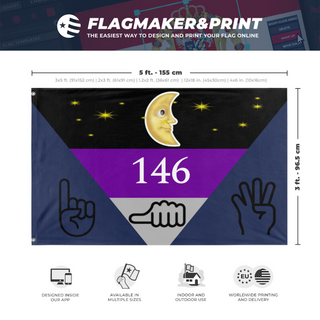 A mockup depicting custom flag specifications and measurements for '146 flag'