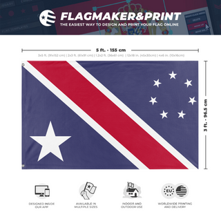 A mockup depicting custom flag specifications and measurements for 'Distinct in Origin, United in Liberty flag'