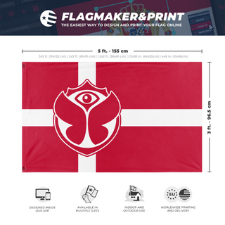 A mockup depicting custom flag specifications and measurements for 'Tomorrowland Denmark flag'