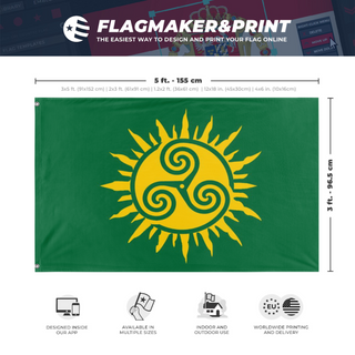 A mockup depicting custom flag specifications and measurements for 'Pan Gaelic Flag'