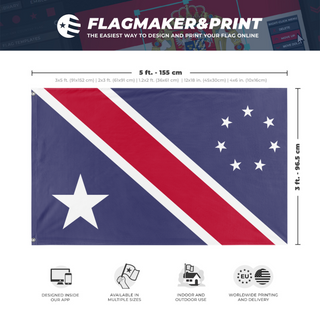 A mockup depicting custom flag specifications and measurements for 'Distinct in Origin, United in Liberty flag'