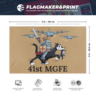 A mockup depicting custom flag specifications and measurements for '41st MGFE flag'