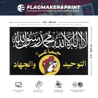 A mockup depicting custom flag specifications and measurements for 'Yallqaeda flag'
