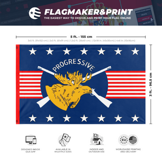 A mockup depicting custom flag specifications and measurements for 'Bull Moose America flag'