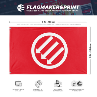 A mockup depicting custom flag specifications and measurements for 'Red and White Iron Front flag'