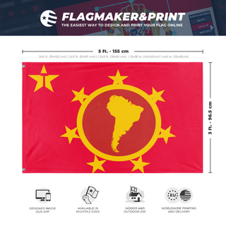 A mockup depicting custom flag specifications and measurements for 'Peoples Federation  of South America flag'