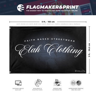 A mockup depicting custom flag specifications and measurements for 'ELAH.CLOTHING flag'