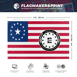 A mockup depicting custom flag specifications and measurements for 'US-Enclave Seal Flag'