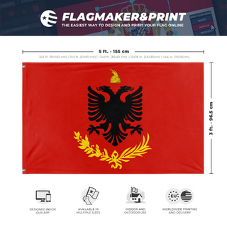 A mockup depicting custom flag specifications and measurements for 'Albanian Great Seal flag'