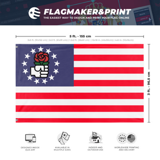 A mockup depicting custom flag specifications and measurements for 'Democratic socialist states of America flag'