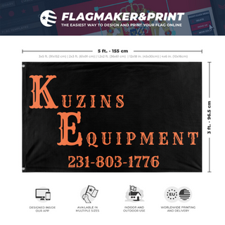 A mockup depicting custom flag specifications and measurements for 'kuzins no logos flag'