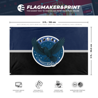 A mockup depicting custom flag specifications and measurements for 'Raven's Hollow flag'