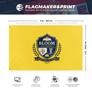 A mockup depicting custom flag specifications and measurements for 'Bloom Academy Flag'