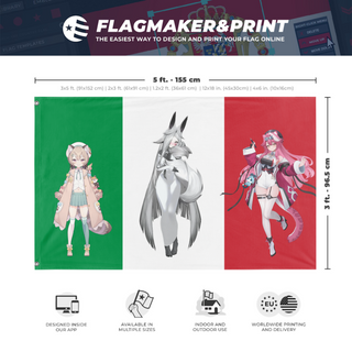 A mockup depicting custom flag specifications and measurements for 'Italian Vtuber flag'