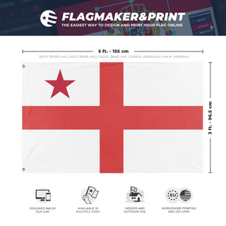 A mockup depicting custom flag specifications and measurements for 'Test Flag'