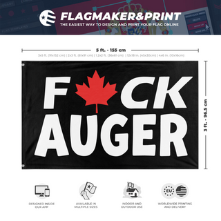 A mockup depicting custom flag specifications and measurements for 'Fuck Auger flag'