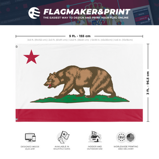 A mockup depicting custom flag specifications and measurements for 'Minimalist California flag'