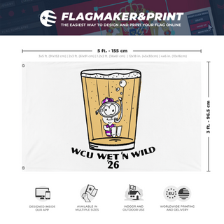 A mockup depicting custom flag specifications and measurements for 'wet n wild flag'
