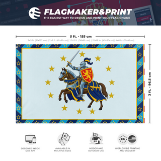 A mockup depicting custom flag specifications and measurements for 'Zeno Knight Flag'