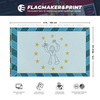 A mockup depicting custom flag specifications and measurements for 'Zeno Spaceman flag'