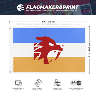 A mockup depicting custom flag specifications and measurements for 'Dutch saber album flag'