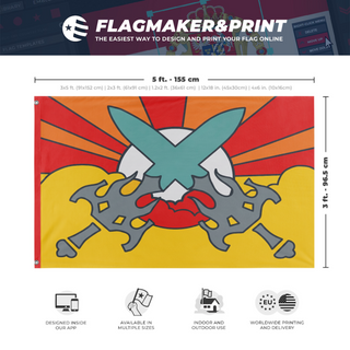A mockup depicting custom flag specifications and measurements for 'Crossed Swords flag'