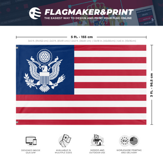A mockup depicting custom flag specifications and measurements for 'United States Coat of Arms flag'