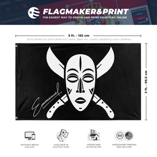 A mockup depicting custom flag specifications and measurements for 'African Warrior flag'