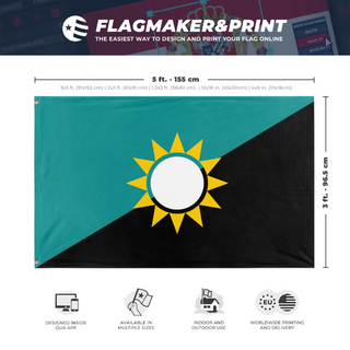 A mockup depicting custom flag specifications and measurements for 'Bakis City flag'
