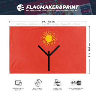 A mockup depicting custom flag specifications and measurements for 'Zaqine Cult flag'